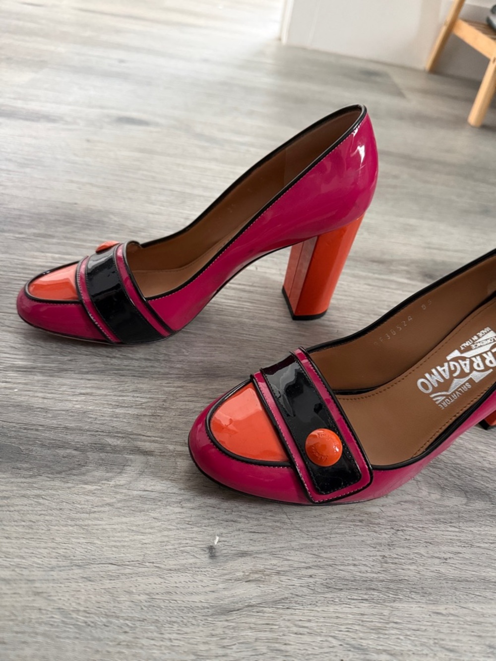 Salvatore Ferragamo Pink, Orange & Black Patent Leather Block Heel Pumps